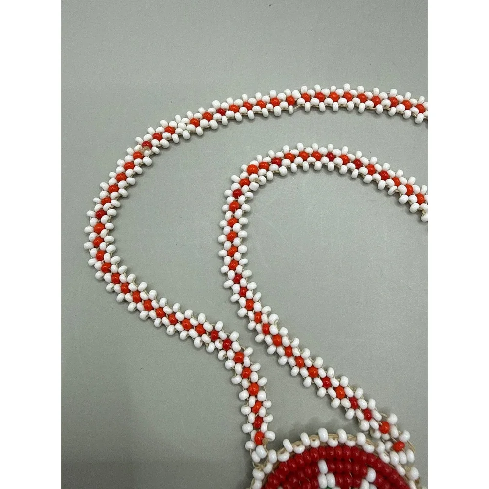 Vintage Mid Century Native American Seed Bead Medallion Fringe‎ Necklace